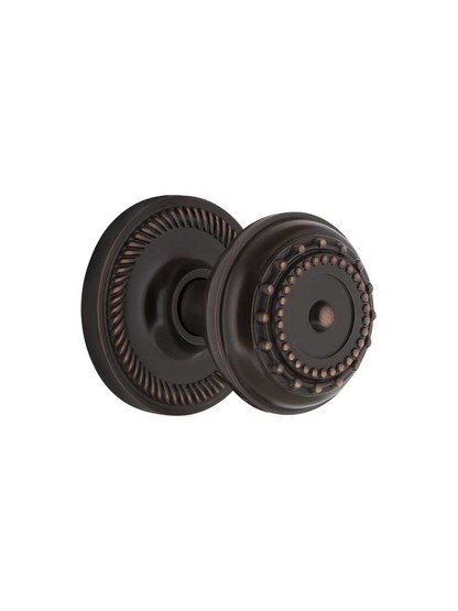 Rope Rosette Mortise Lock Set With Meadows Design Knobs in Timeless Bronze.